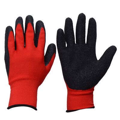 Рукавички трикотажні поліестер, червоний колір, латексне покриття (чорний), оверлок